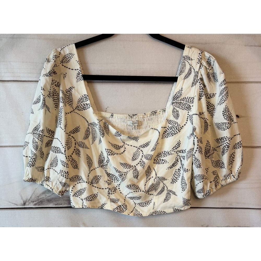 Z Supply Women Cream Grey Leaf Print Smocked Back Puff Sleeve Crop Top ZT241178